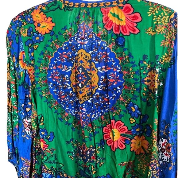 FARM RIO Green Tropical 100% Viscose Puff Sleeve Boho Blouse Sz S/P - Picture 8 of 8